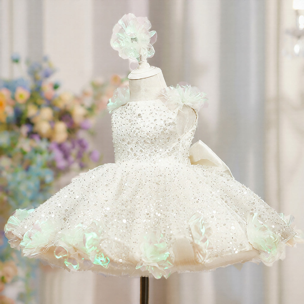 Robe Gala Princesse Fille – Sequins Brillants et Détails en Perles