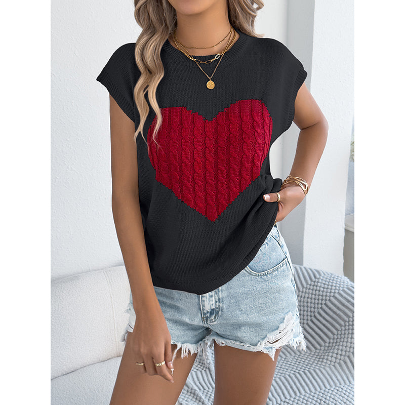 Haut Femme en Tricot à Cœur – Sans Manches, Style Décontracté Saint-Valentin