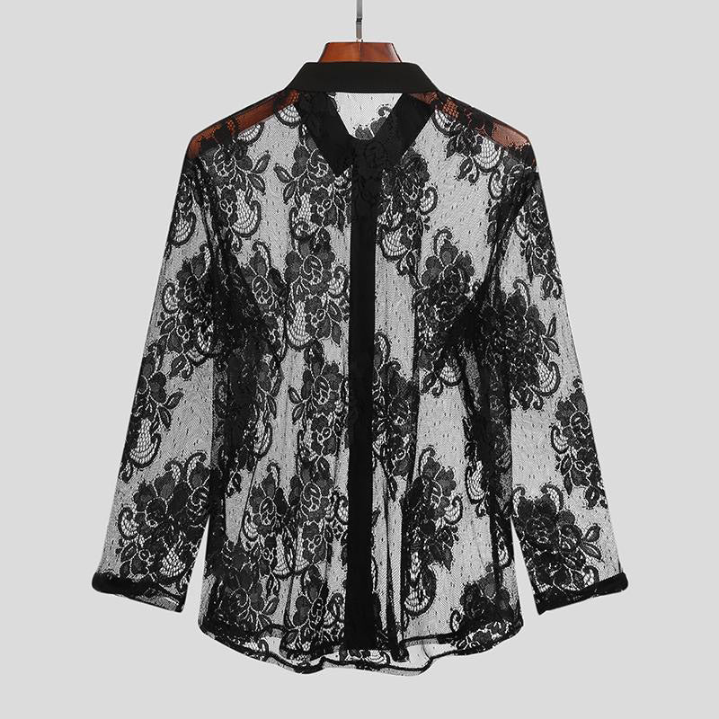 Chemise Homme Sexy en Dentelle Mesh – Manches Longues, Confort Respirant