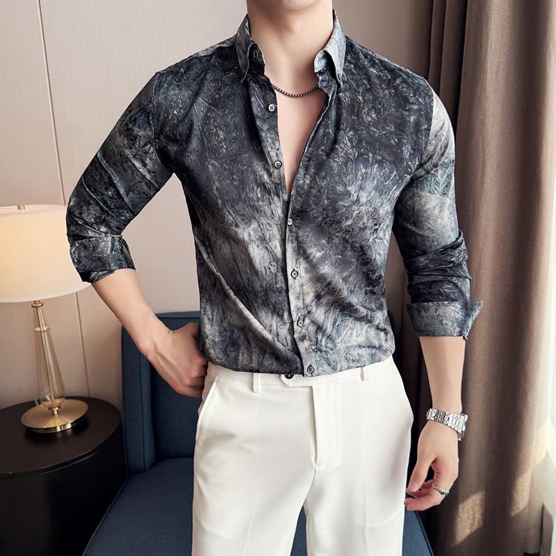 Chemise Homme Tendance à Imprimé Tie-Dye – Manches Longues, Coupe Slim, Printemps