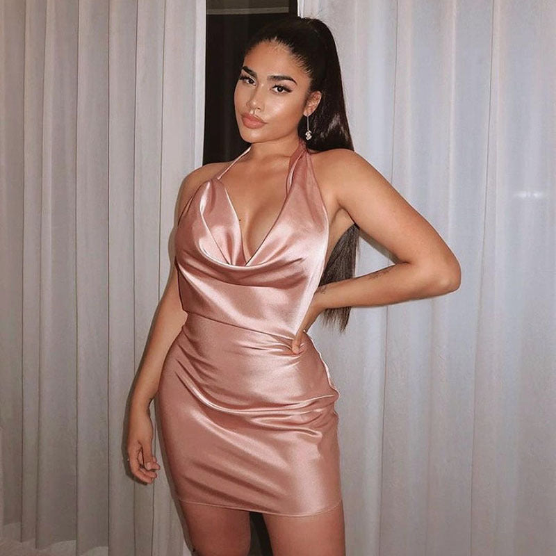 Robe Mini en Satin Col V Dos Nu Sans Manches – Robe Sexy d’Été pour Soirée et Party Femme