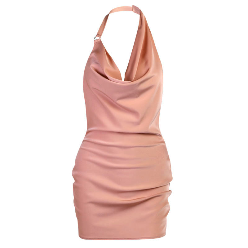 Robe Mini en Satin Col V Dos Nu Sans Manches – Robe Sexy d’Été pour Soirée et Party Femme
