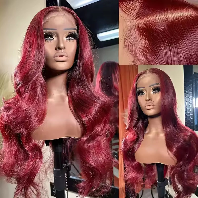 Perruque Lace Front HD Longue Bordeaux,Humains Vietnamiens Lisses 150% Densité