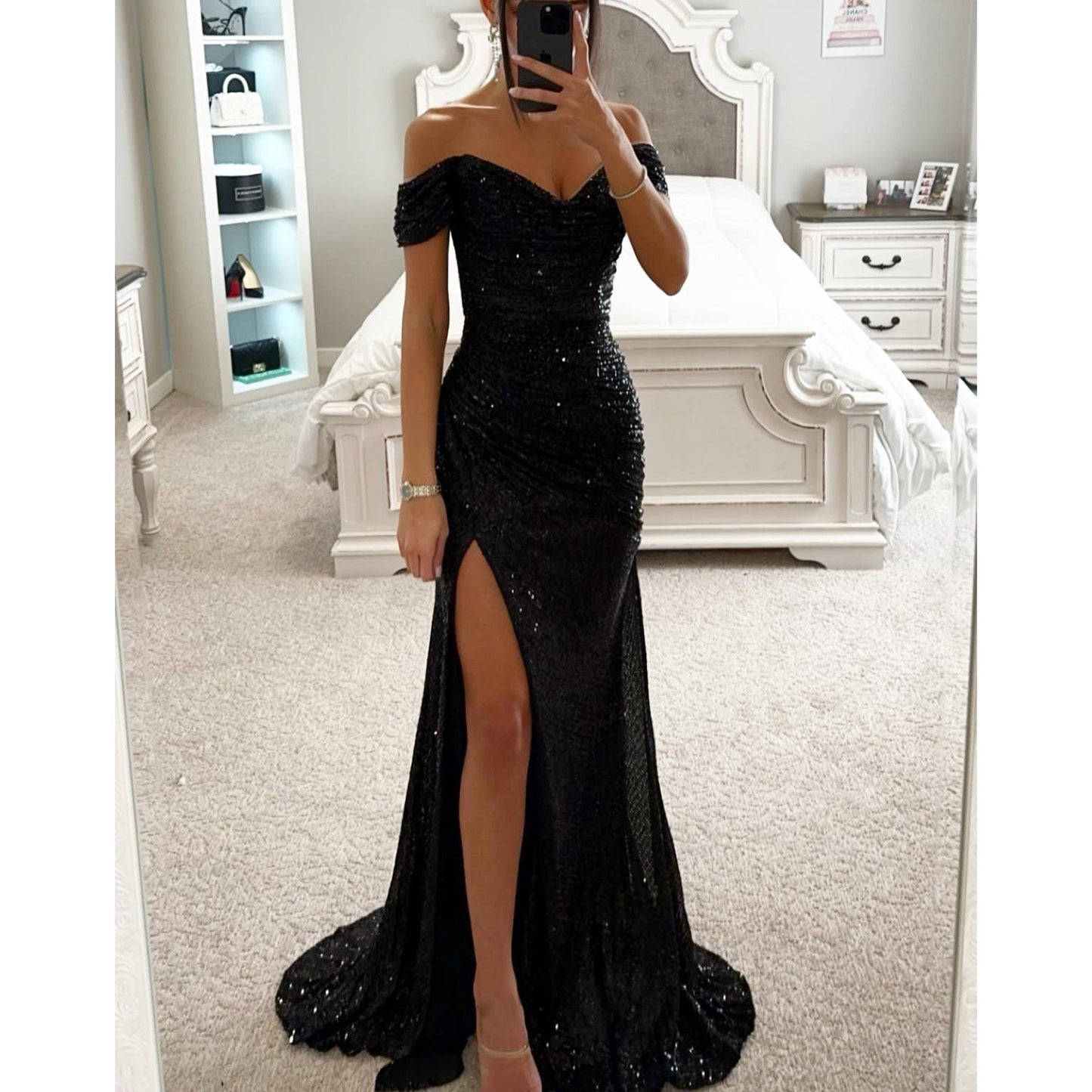 Robe Femme Élégante à Sequins – Col Bardot, Fente Sexy, Idéale Soirée