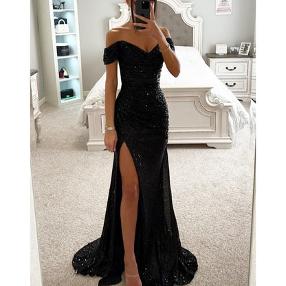 Robe Femme Élégante à Sequins – Col Bardot, Fente Sexy, Idéale Soirée