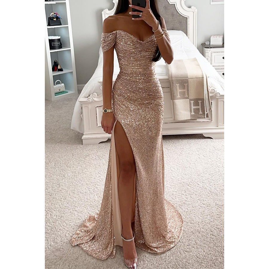 Robe Femme Élégante à Sequins – Col Bardot, Fente Sexy, Idéale Soirée