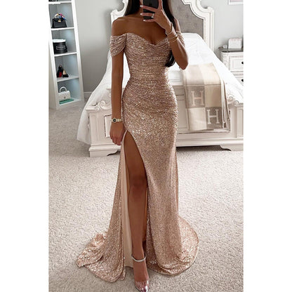Robe Femme Élégante à Sequins – Col Bardot, Fente Sexy, Idéale Soirée