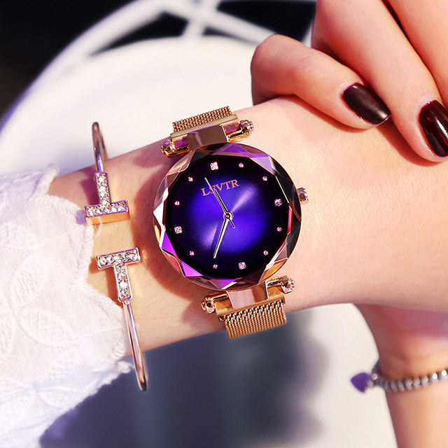 Montre Femme Rose Gold “Starry Sky” – Diamants, Bracelet Magnétique et Étanche