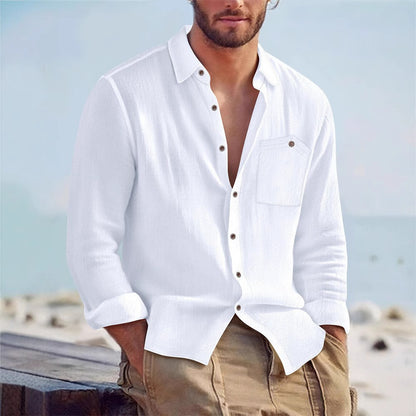 Chemise Homme Décontractée en Lin – Cardigan à Col Revers, Couleur Unie, Coupe Large