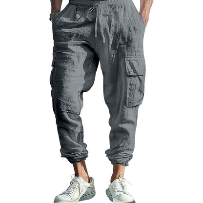 Pantalon Homme Décontracté en Coton-Lin – Multi-Poches avec Cordon de Serrage
