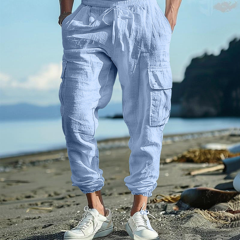 Pantalon Homme Décontracté en Coton-Lin – Multi-Poches avec Cordon de Serrage