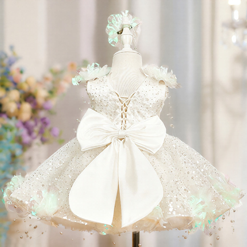 Robe Gala Princesse Fille – Sequins Brillants et Détails en Perles