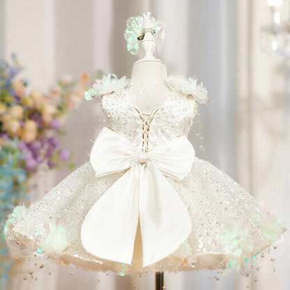 Robe Gala Princesse Fille – Sequins Brillants et Détails en Perles
