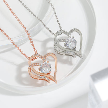 Collier Clavicule Double Cœur en Zircon Brillant – Bijou Élégant et Romantique pour Femme