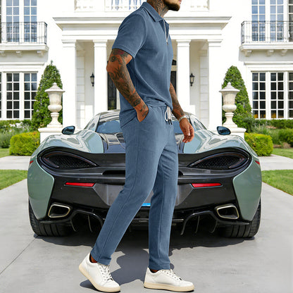 Ensemble Homme Décontracté – Polo à Manches Courtes en Velours Côtelé et Pantalon