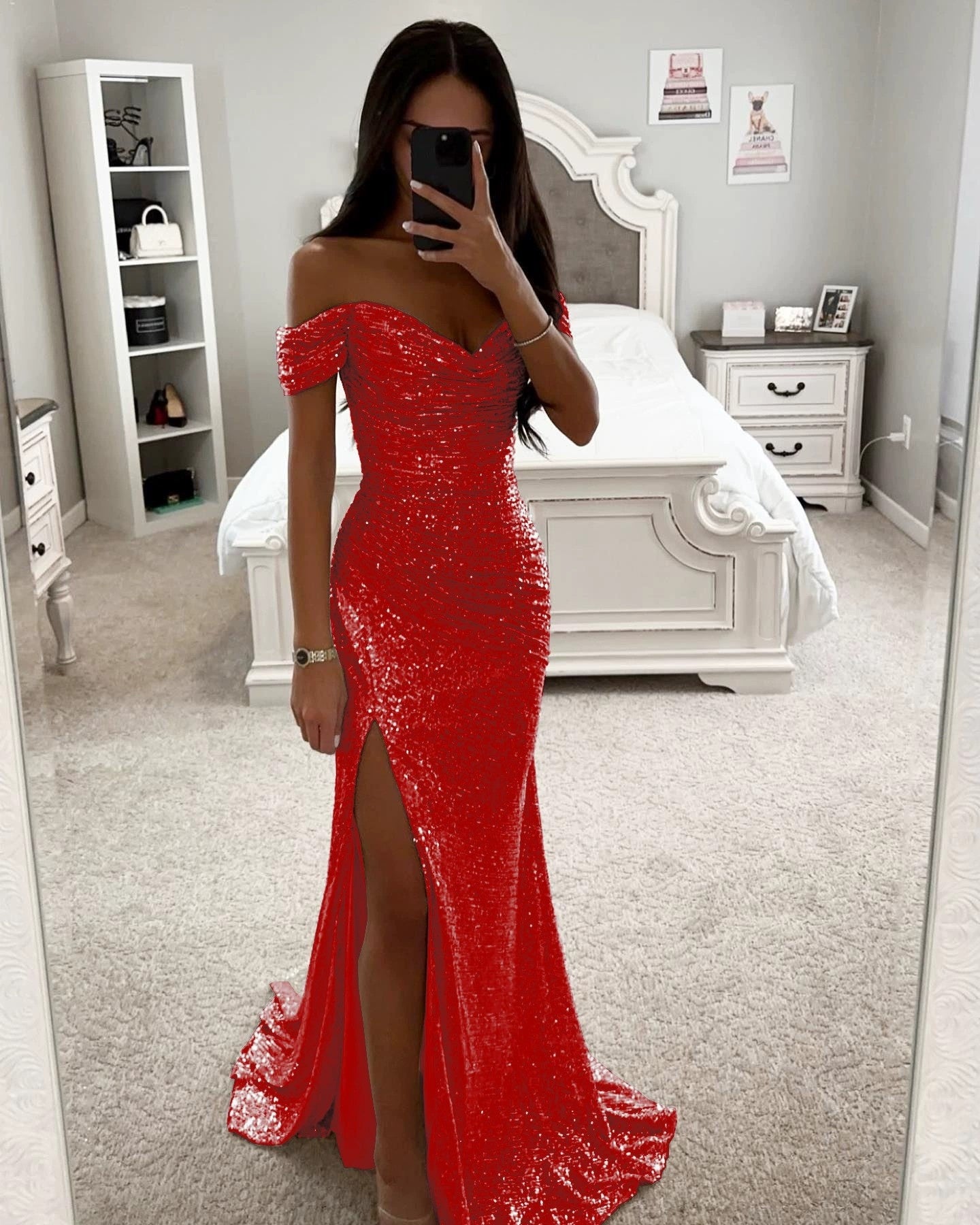 Robe Femme Élégante à Sequins – Col Bardot, Fente Sexy, Idéale Soirée
