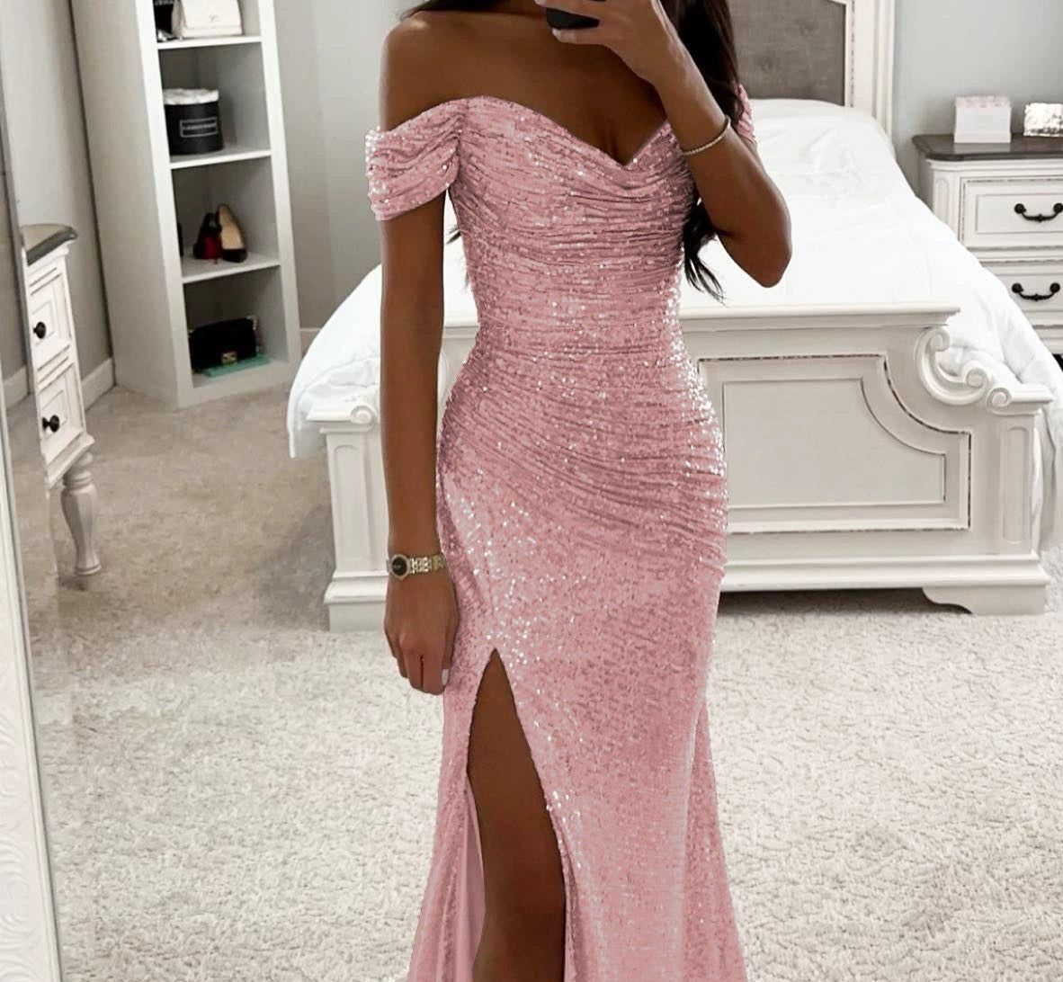 Robe Femme Élégante à Sequins – Col Bardot, Fente Sexy, Idéale Soirée