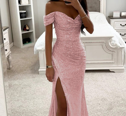 Robe Femme Élégante à Sequins – Col Bardot, Fente Sexy, Idéale Soirée