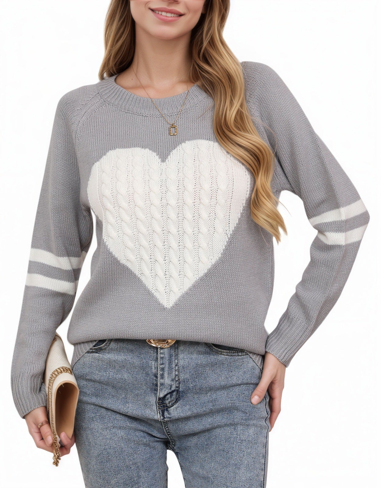 Women's Heart-shaped Jacquard Knitted Round Neck Sweater Top