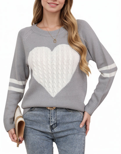 Women's Heart-shaped Jacquard Knitted Round Neck Sweater Top