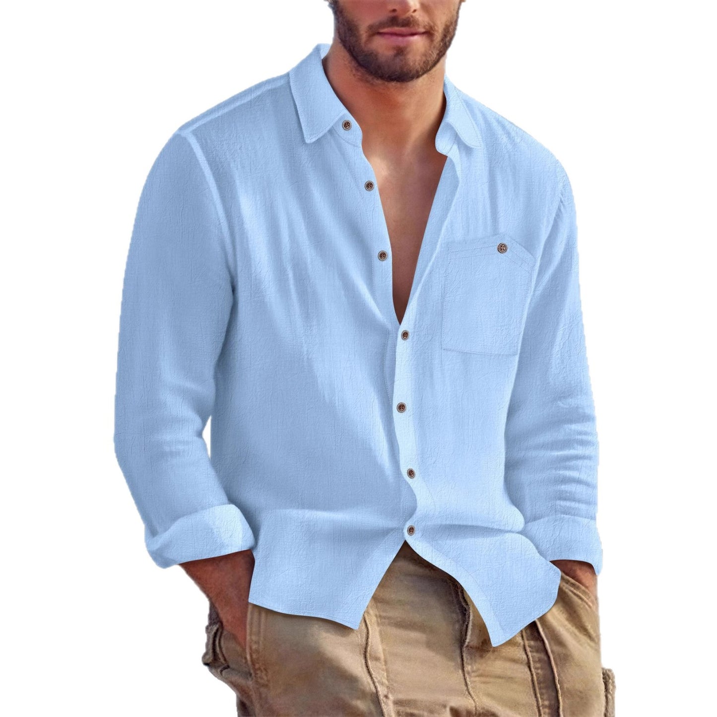 Chemise Homme Décontractée en Lin – Cardigan à Col Revers, Couleur Unie, Coupe Large