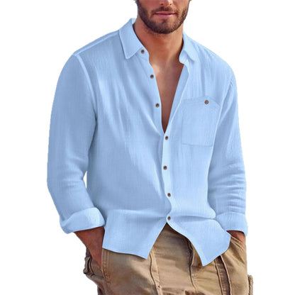 Chemise Homme Décontractée en Lin – Cardigan à Col Revers, Couleur Unie, Coupe Large