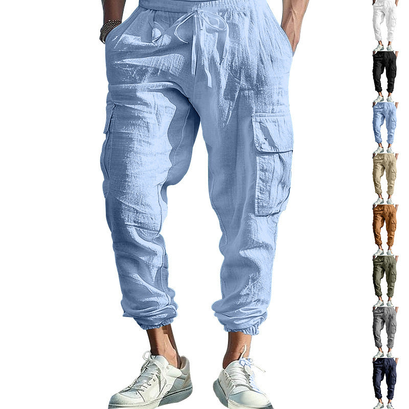 Pantalon Homme Décontracté en Coton-Lin – Multi-Poches avec Cordon de Serrage