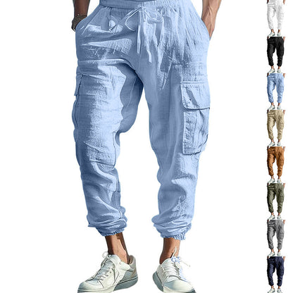 Pantalon Homme Décontracté en Coton-Lin – Multi-Poches avec Cordon de Serrage