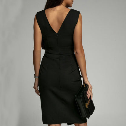 Robe d’Été Femme Col V Sans Manches avec Fente – Robe Slim Taille Haute Soirée & Club