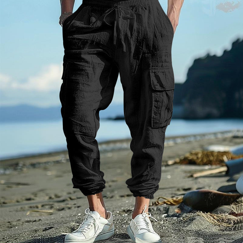 Pantalon Homme Décontracté en Coton-Lin – Multi-Poches avec Cordon de Serrage