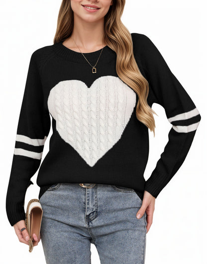 Women's Heart-shaped Jacquard Knitted Round Neck Sweater Top