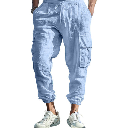 Pantalon Homme Décontracté en Coton-Lin – Multi-Poches avec Cordon de Serrage