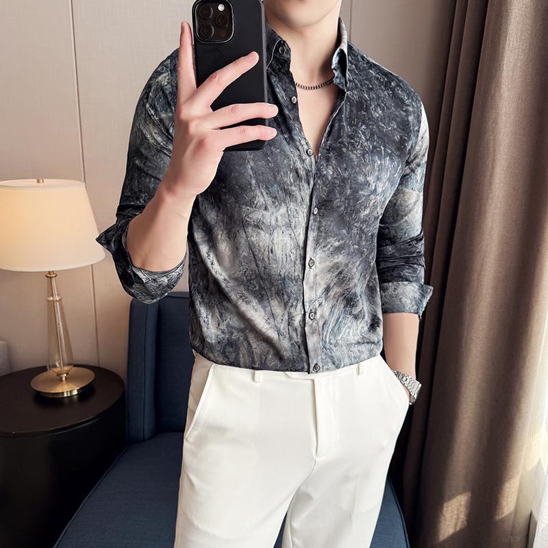 Chemise Homme Tendance à Imprimé Tie-Dye – Manches Longues, Coupe Slim, Printemps