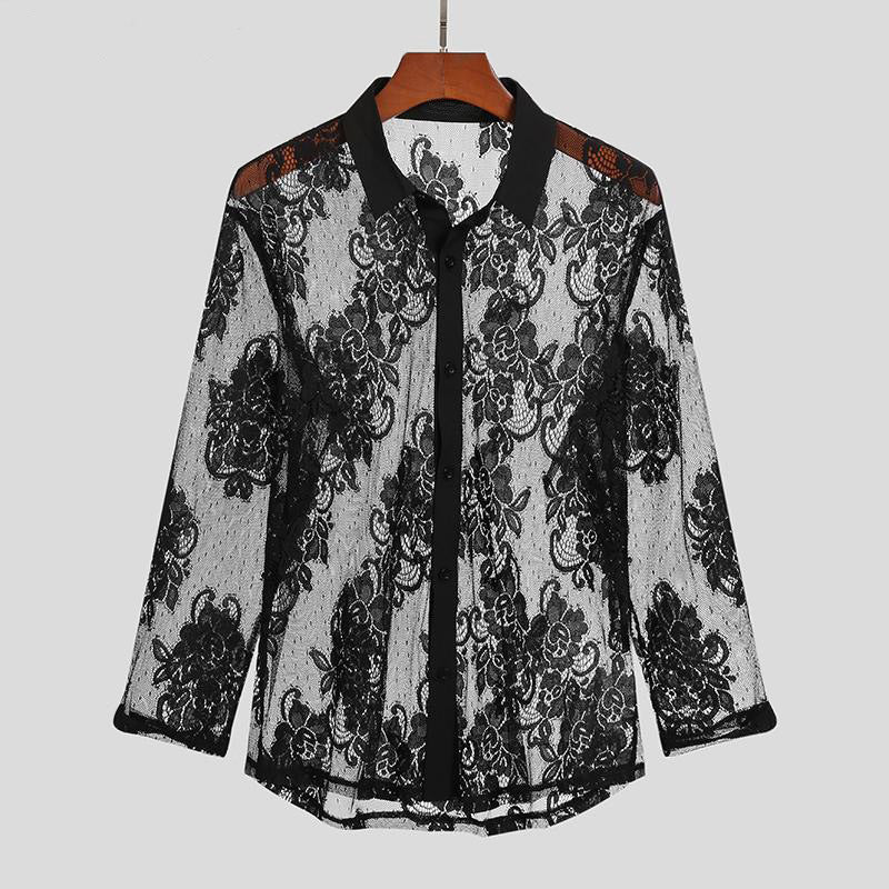 Chemise Homme Sexy en Dentelle Mesh – Manches Longues, Confort Respirant