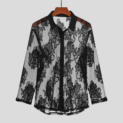Chemise Homme Sexy en Dentelle Mesh – Manches Longues, Confort Respirant