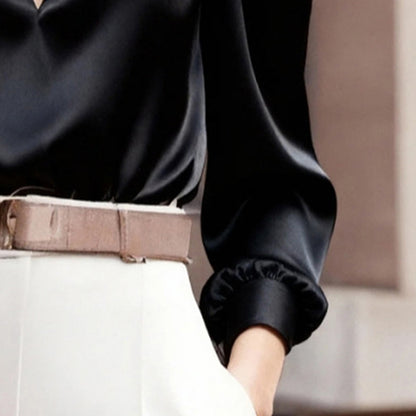 Blouse Femme Élégante en Satin – Col V, Manches Longues, Coupe Slim
