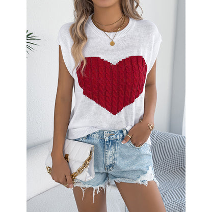 Haut Femme en Tricot à Cœur – Sans Manches, Style Décontracté Saint-Valentin
