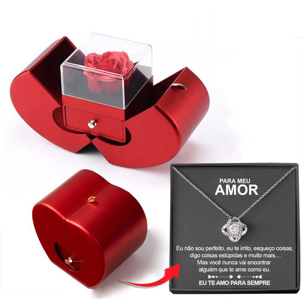 Boîte à Bijoux Pomme Rouge – Rose Éternelle et Collier, Cadeau Romantique Inoubliable