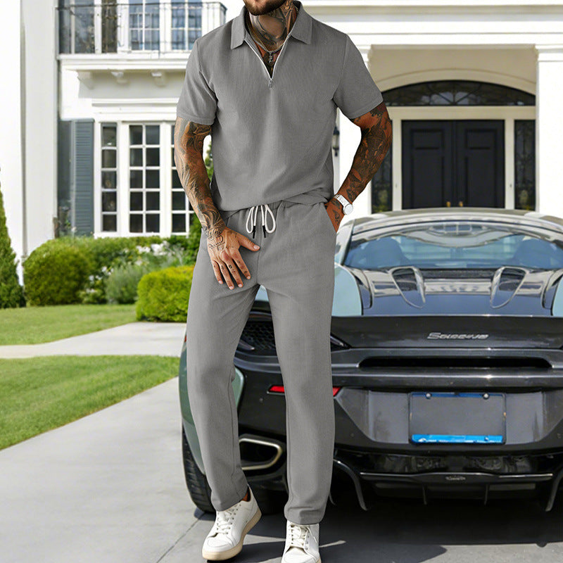 Ensemble Homme Décontracté – Polo à Manches Courtes en Velours Côtelé et Pantalon