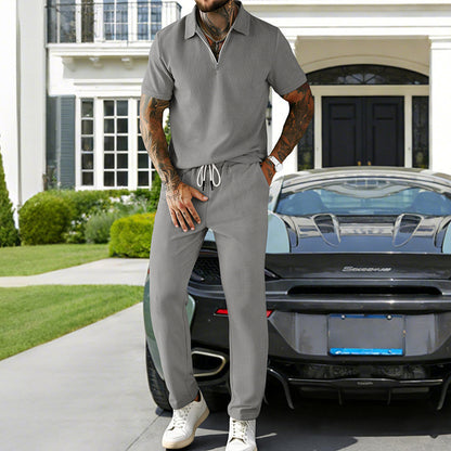 Ensemble Homme Décontracté – Polo à Manches Courtes en Velours Côtelé et Pantalon