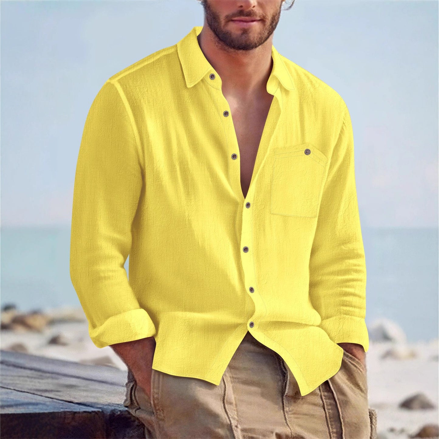 Chemise Homme Décontractée en Lin – Cardigan à Col Revers, Couleur Unie, Coupe Large