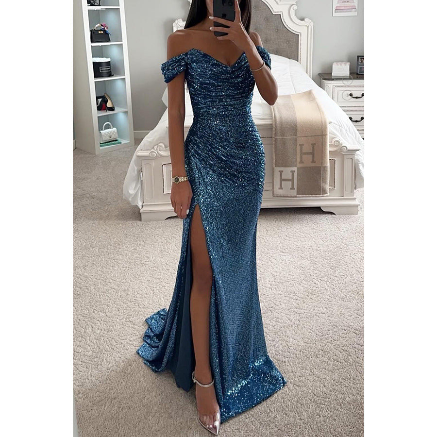 Robe Femme Élégante à Sequins – Col Bardot, Fente Sexy, Idéale Soirée