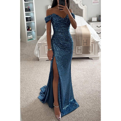 Robe Femme Élégante à Sequins – Col Bardot, Fente Sexy, Idéale Soirée