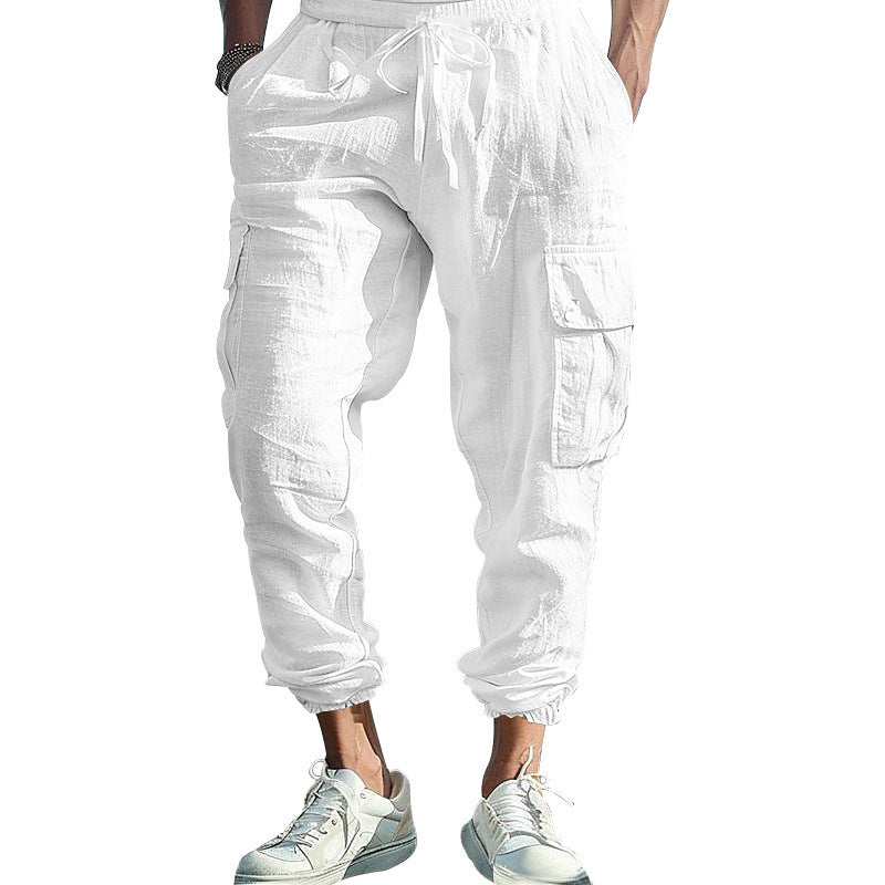 Pantalon Homme Décontracté en Coton-Lin – Multi-Poches avec Cordon de Serrage