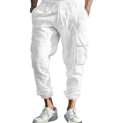 Pantalon Homme Décontracté en Coton-Lin – Multi-Poches avec Cordon de Serrage