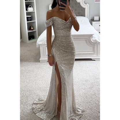 Robe Femme Élégante à Sequins – Col Bardot, Fente Sexy, Idéale Soirée