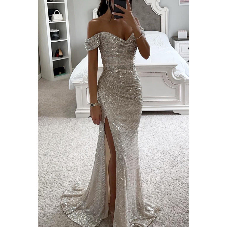 Robe Femme Élégante à Sequins – Col Bardot, Fente Sexy, Idéale Soirée