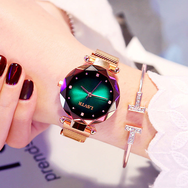 Montre Femme Rose Gold “Starry Sky” – Diamants, Bracelet Magnétique et Étanche