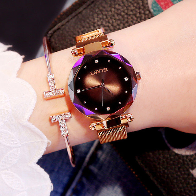 Montre Femme Rose Gold “Starry Sky” – Diamants, Bracelet Magnétique et Étanche