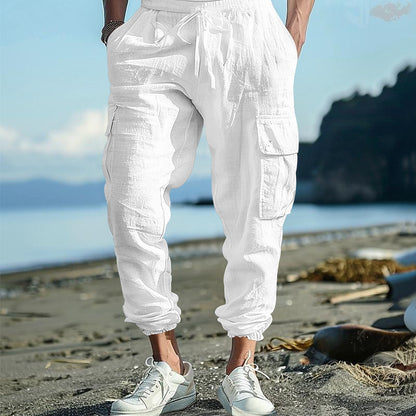 Pantalon Homme Décontracté en Coton-Lin – Multi-Poches avec Cordon de Serrage
